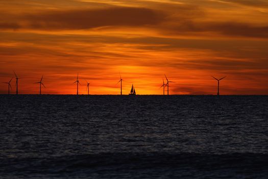 Windfarm on the sea at sunset closeup