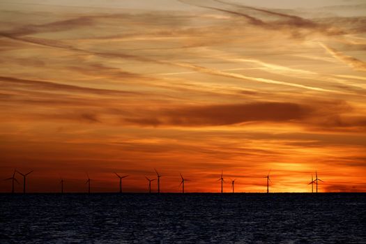 Windfarm on the sea at sunset closeup