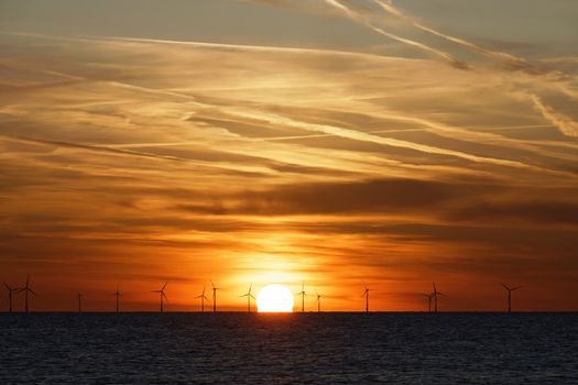 Windfarm on the sea at sunset closeup footage
