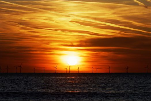 Windfarm on the sea at sunset closeup