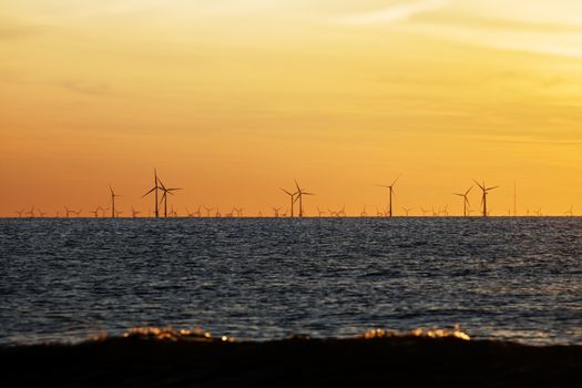 Windfarm on the sea at sunset closeup footage