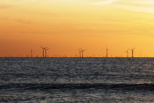 Windfarm on the sea at sunset closeup