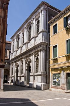 The seventeenth century building housing the Scuola Grande dei Carmini in Venice. The confraternity of Carmelite monks have a beautiful headquarters with paintings by Tiepolo decorating the ceilings.