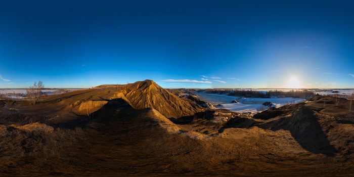 clay hills quarry at sprig sunset spherical 360 degree panorama in equirectangular projection.