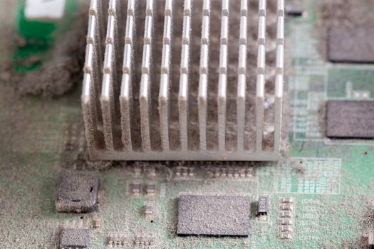 dusty pc electronic hardware closeup with selective focus and blur.
