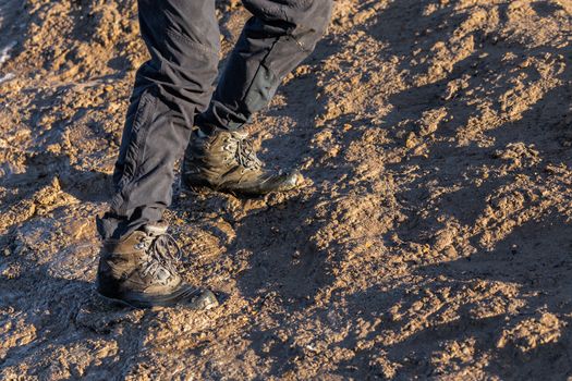 legs in gray pants and trek boots hiking upwards on muddy hill at evening sunlight.