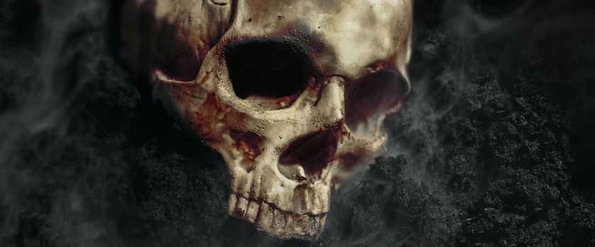 Human skull on the wet soild with smoke flowing closeup