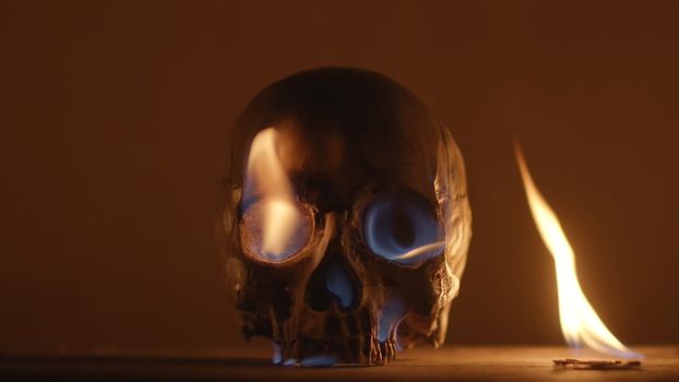 Burning human skull close up photo