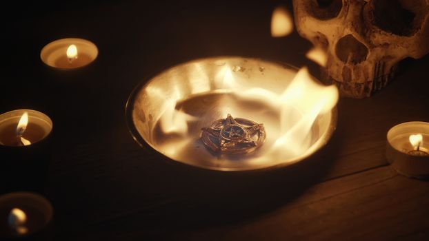 Burning pentacle on altar close up photo