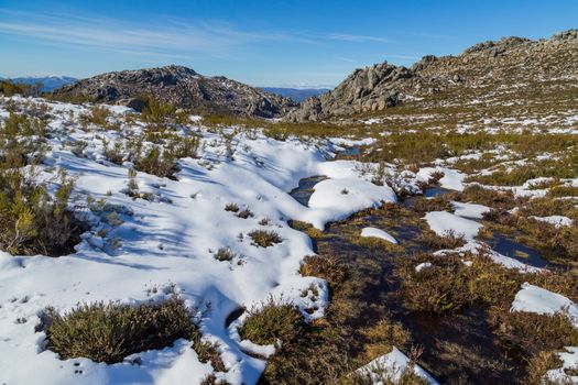 Winter landscape with snow in mountains of Serra do Xures natural park, Galicia, Spain