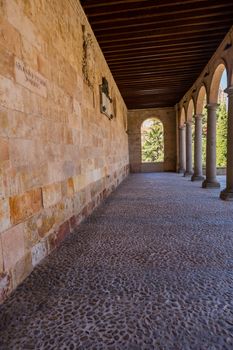 Salamanca, Spain - Old historic cloister in the downtown of Salamanca. Plateresque XV century. The old city of Salamanca was declared a UNESCO World Heritage site in 1988.