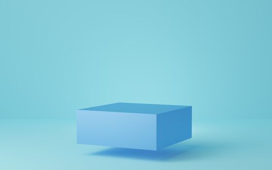 Empty blue cube podium floating on blue background. Abstract minimal studio 3d geometric shape object. Mockup space for display of product design. 3d rendering.
