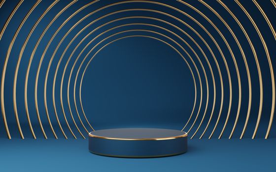 Empty blue cylinder podium with gold border and gold circle on blue background. Abstract minimal studio 3d geometric shape object. Mockup space for display of product design. 3d rendering.