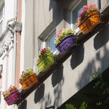 flowers in colorful pots on the outside window, square photo