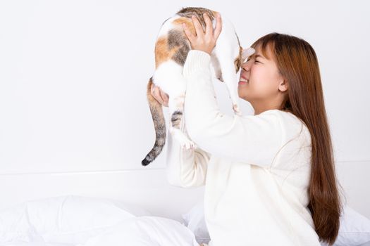 Woman at home holding her lovely fluffy cat. Multicolor tabby cute kitten. Pets and lifestyle concept.