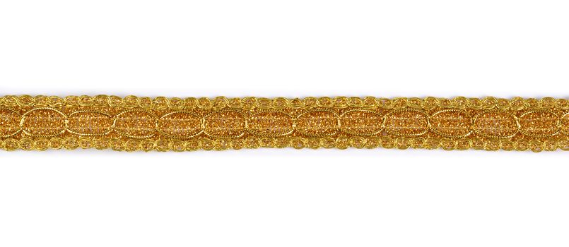 Braid lace made Luxury Metallic golden cord on white background. decoration for carnival and dance clothes costumes. Christmas texture. banner for website