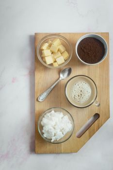 Part of the ketogenic diet is bulletproof coffee. This is coffee whipped with butter and coconut oil. Nutritious and tonic drink. The view from the top, flat position, copy space