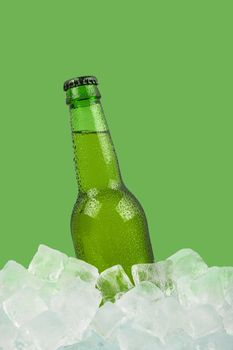 Close up one green glass bottle of cold lager beer on ice cubes at retail display isolated on green background, low angle side view