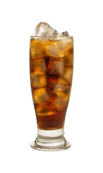 Close up one big high glass of cold cola soft drink with ice cubes isolated on white background, low angle side view