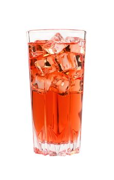 Close up one full high glass of cold iced red fruit tea with transparent ice cubes, isolated on white background, low angle side view