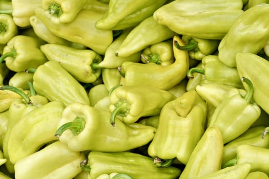 Heap of pointed sweet white bell peppers displayed on food market, closeup detail.