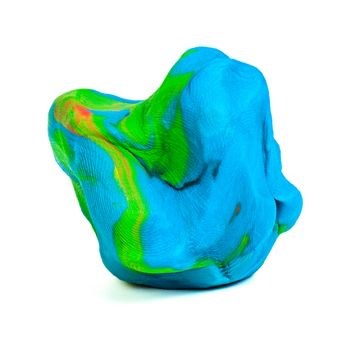 Mixed blue-green-red playdough ball with distinct fingerprints isolated on the white background. Front to end sharp. Small dust particles on surface.