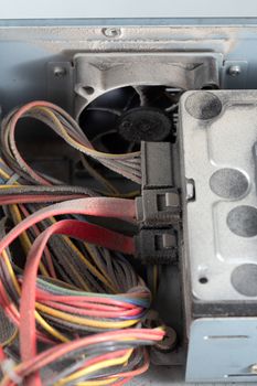 dusty pc electronic hardware closeup with selective focus and blur.
