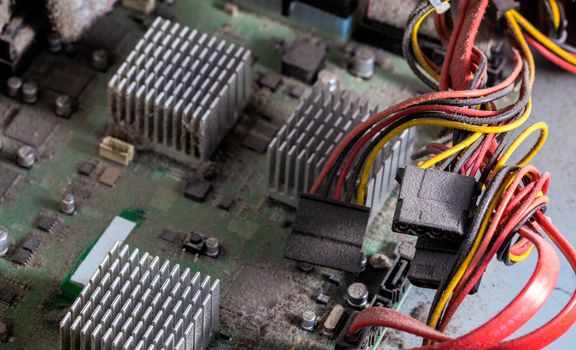dusty pc electronic hardware closeup with selective focus.