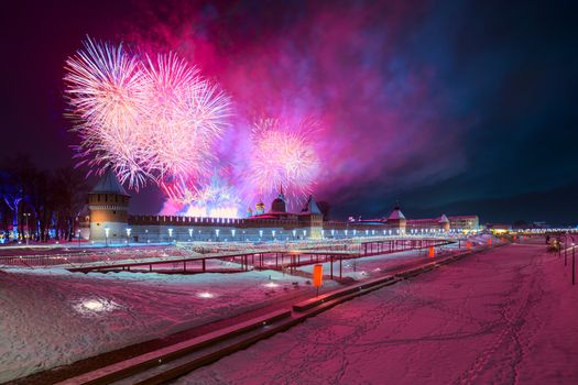 Winter night fireworks over kremlin and Upa quay in Tula, Russia at 2019.