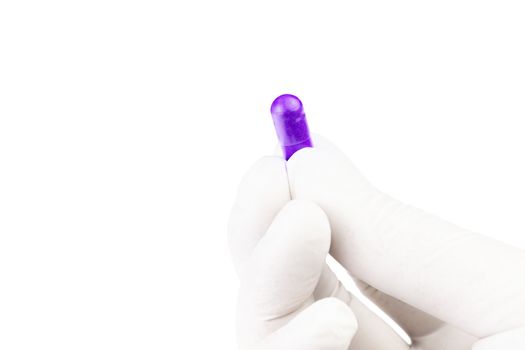 hand in medical glove holding proton purple color organic med capsule isolated on white background closeup.