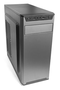 simple cheapest black miditower pc case isolated on white background.