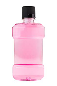 A plastic bottle of pink water mouthwash isolated on white background.