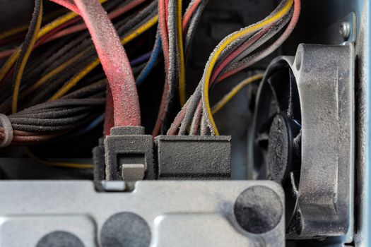 dusty pc electronic hardware closeup with selective focus and blur.