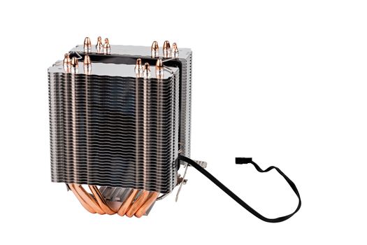 chinese noname tower-type cpu cooler with six copper heatpipes isolated on white background.