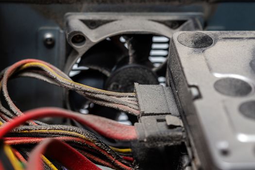 dusty pc electronic hardware closeup with selective focus.