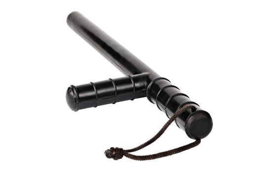 Black classic rubber police baton with lanyard isolated on white background. Isometric diagonal view. Shadowless.