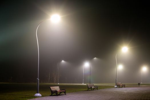 empty benches in dark night misty park with tall lights