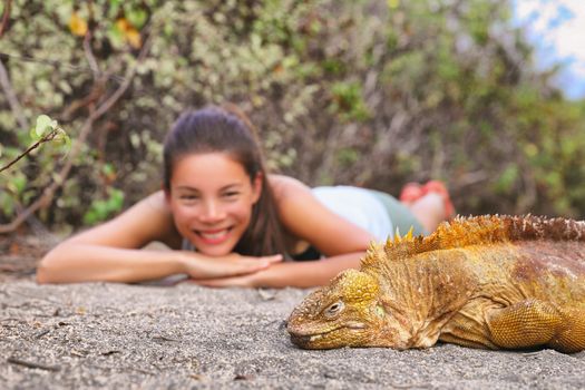 Galapagos islands travel experience. Woman Tourist excursion visiting looking at animal in the wild. Largest land iguana, yellow iguanas in Urbina Bay, Isabela island, Galapagos Islands, Ecuador.