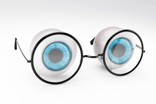 The blue eyeball of the human eye and black round glasses put on white background. The concept of people is eye problems or nearsightedness in a surreal style. 3D illustration rendering.