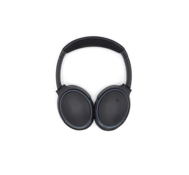 Black wireless headphone around ears and white background and isolated.