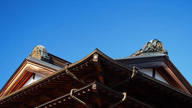 Roof of asia temple architecture with clear blue sky and outdoor.