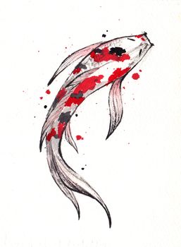 Beautiful and brilliantly colored Koi Carp fish on white background. Watercolor hand painting.  Symbol of good luck and prosperity. Chinese brush stroke technique.