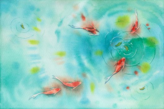 Watercolor hand painting, koi carp fish in pond, symbol of good luck and prosperity