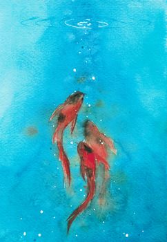 Watercolor hand painting, koi carp fish in pond, symbol of good luck and prosperity