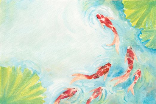 Watercolor hand painting, koi carp fish in pond, symbol of good luck and prosperity