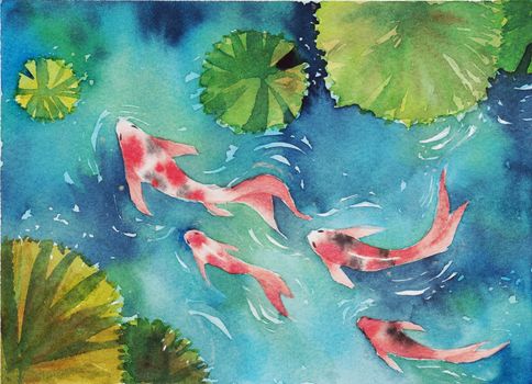 Watercolor hand painting, two koi carp fish in pond, symbol of good luck and prosperity