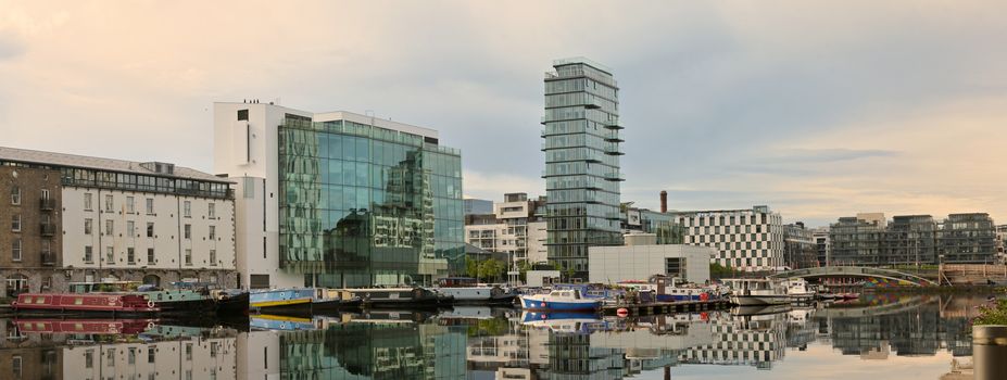 Dublin, Ireland - July 30, 2020 Cityscape of Docklands and river Liffey 