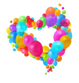 Colorful balloons flying in heart shape formation on white background