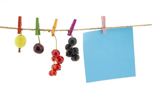 Fresh fruit hanging from clothes pegs on a rope with a gooseberry, red currants, cherry and black currants isolated on white with copy pace on blank sticky note
