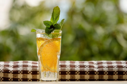 Lemon water with mint in a glass. Summer garden background